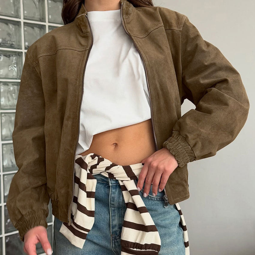 Dames Bomberjas Faux Suede Vintage Stijl met Opstaande Kraag