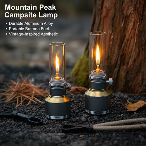 Vintage Campinglamp op Butaan met Verstelbare Vlam – Compact Buitenlicht voor Wandelaars en Avonturiers