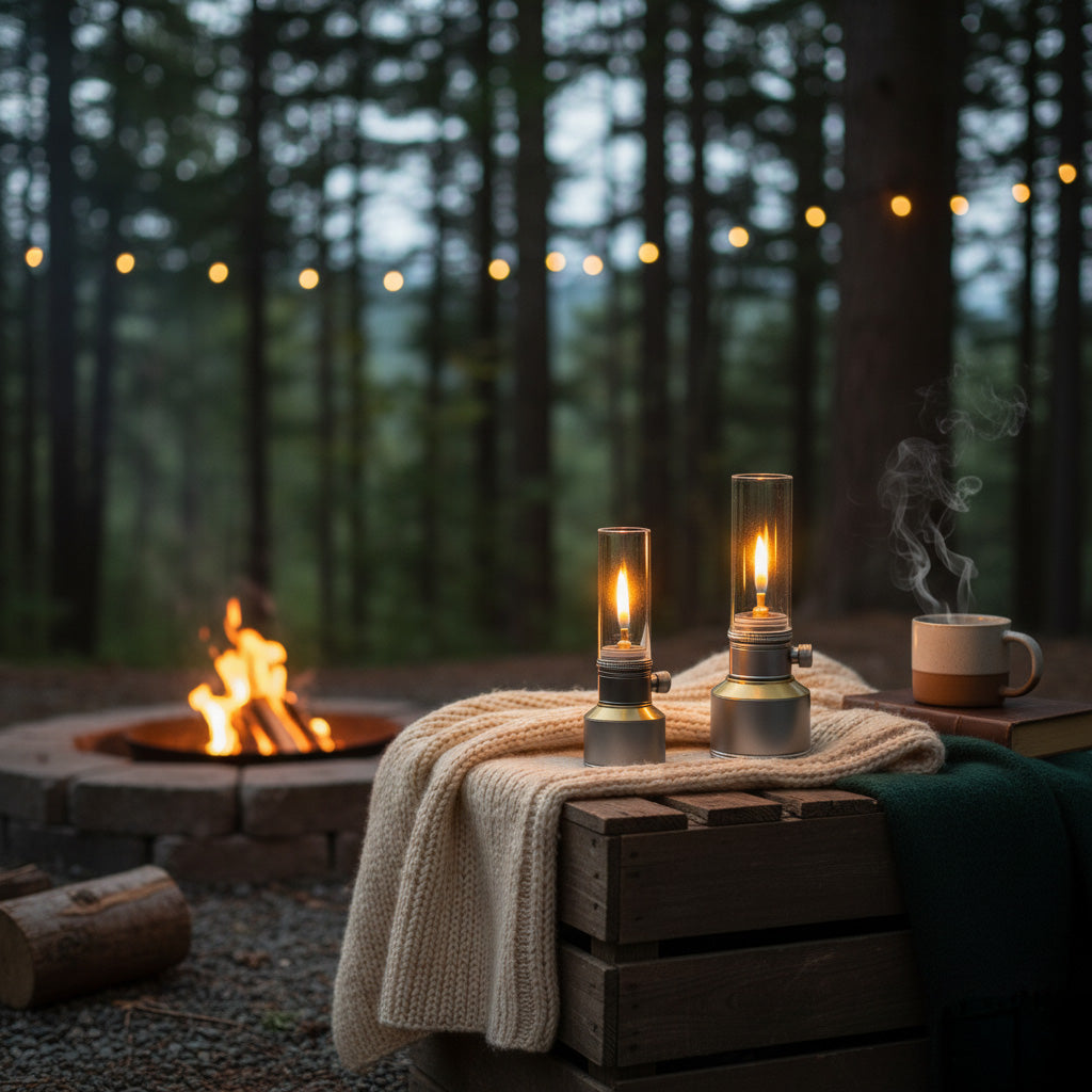 Vintage Campinglamp op Butaan met Verstelbare Vlam – Compact Buitenlicht voor Wandelaars en Avonturiers