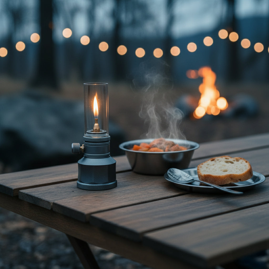 Vintage Campinglamp op Butaan met Verstelbare Vlam – Compact Buitenlicht voor Wandelaars en Avonturiers