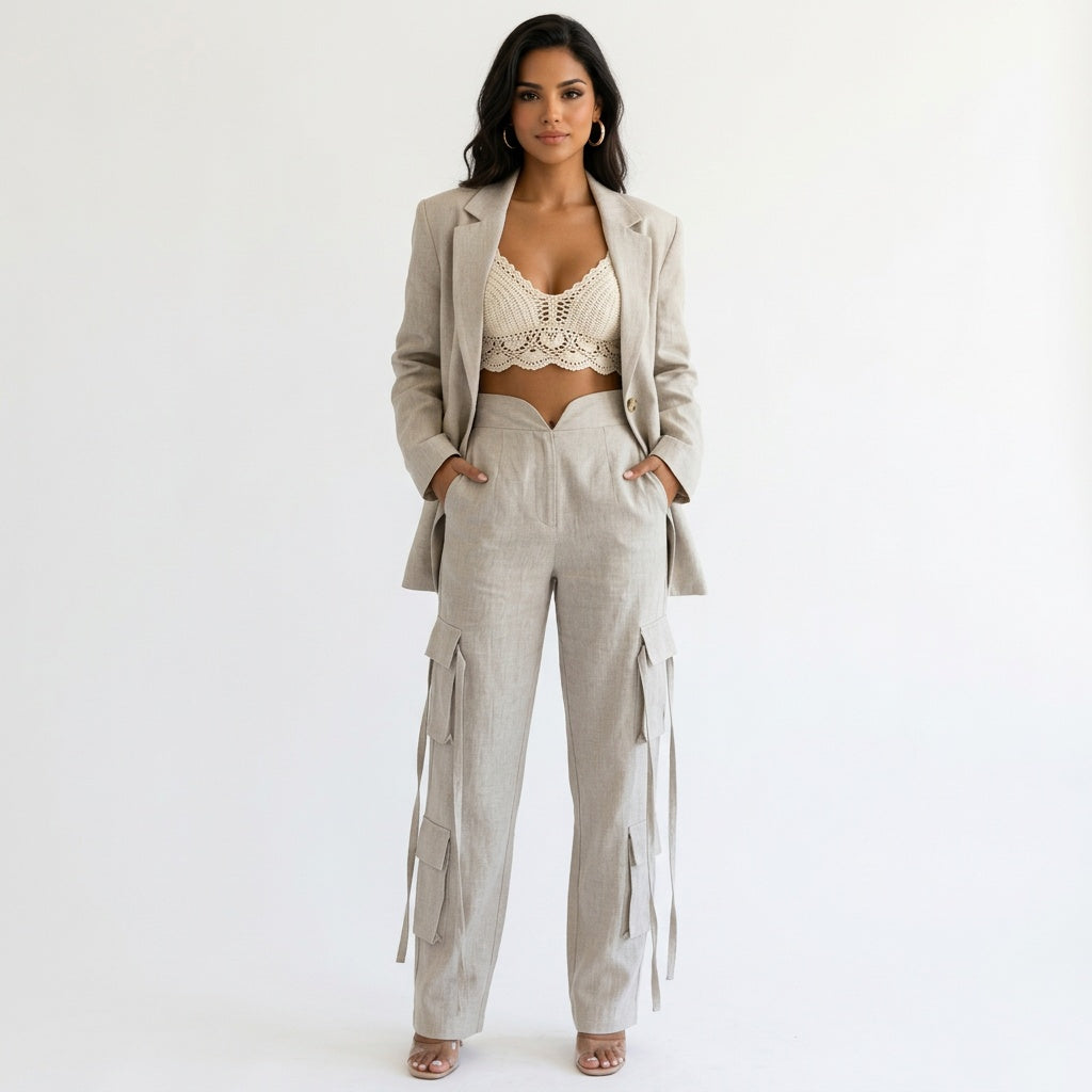 Dames Cargo Broek Wide Leg Met Flapzakken Tweedelig Set