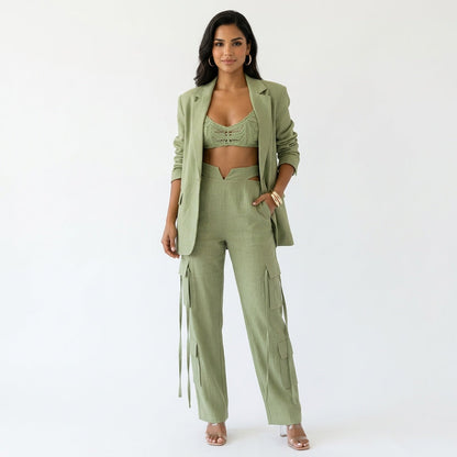 Dames Cargo Broek Wide Leg Met Flapzakken Tweedelig Set