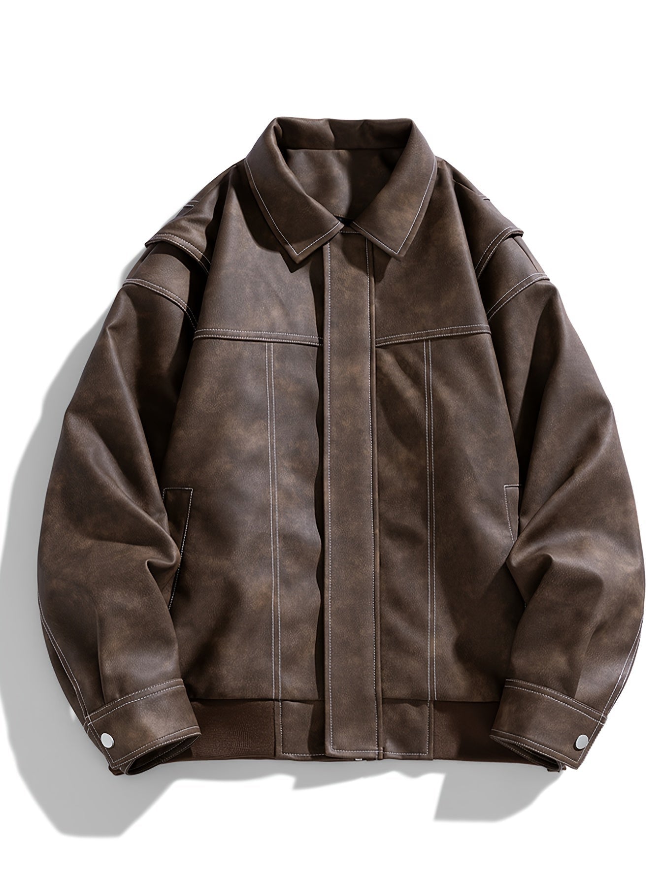 Heren Kunstleder Jas Met Kraag En Zakken Casual Stijl - StudioMarella