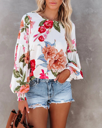 Dames Top Bloemenprint Pofmouwen Stijlvolle Blouse