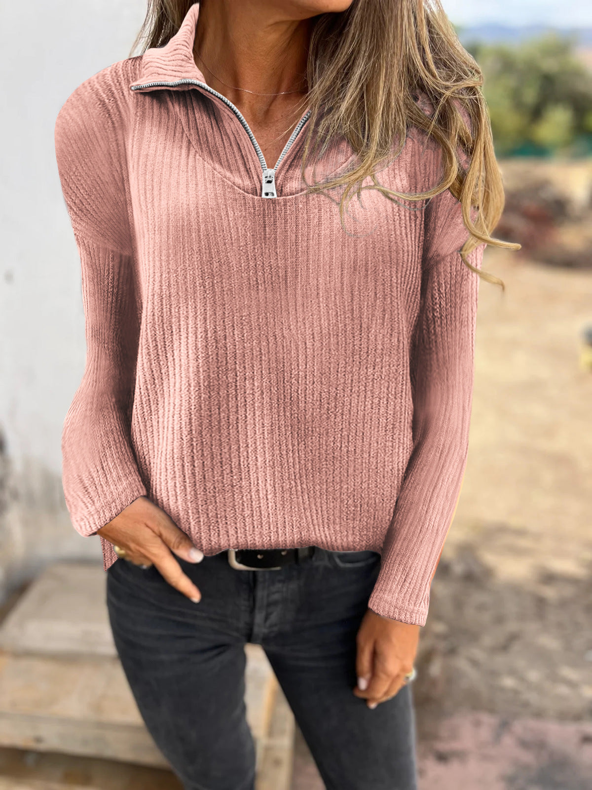 Dames Trui met Halve Rits en Ribbelstructuur Elegante Basislook → Dames Trui Halve Rits Ribbelstructuur Elegante Basislook