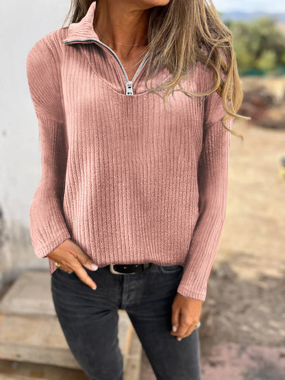 Dames Trui met Halve Rits en Ribbelstructuur Elegante Basislook → Dames Trui Halve Rits Ribbelstructuur Elegante Basislook