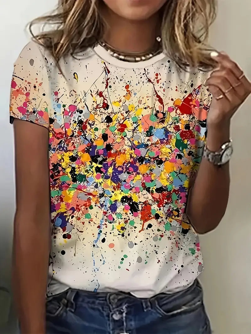 Vrouwelijke T-shirt Ronde Hals Met Kleurrijke Prints - StudioMarella