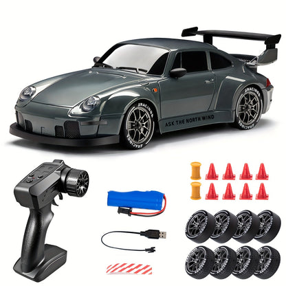 RC drift auto 1:24 4WD grijs met verlichte wielen afstandsbediening extra banden driftauto speelgoed auto usb oplaadbaar
