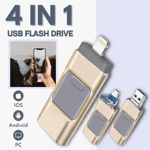 4-in-1 USB-Stick met Meervoudige Aansluitingen Zwart Zilver Goud Roze voor Smartphone Tablet Laptop iPhone Android | Snelle Datatransfer Opslagstick Universele Compatibiliteit iOS Windows Mac Backup