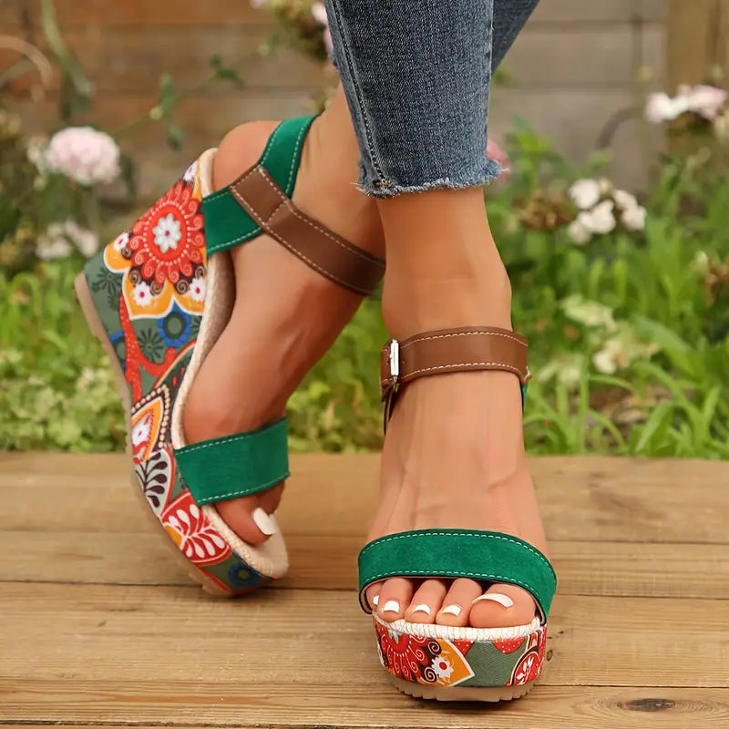 Dames Sandalen met Sleehak en Bloemenprint → Dames Schoenen Sandalen Sleehak Bloemenprint Zomer