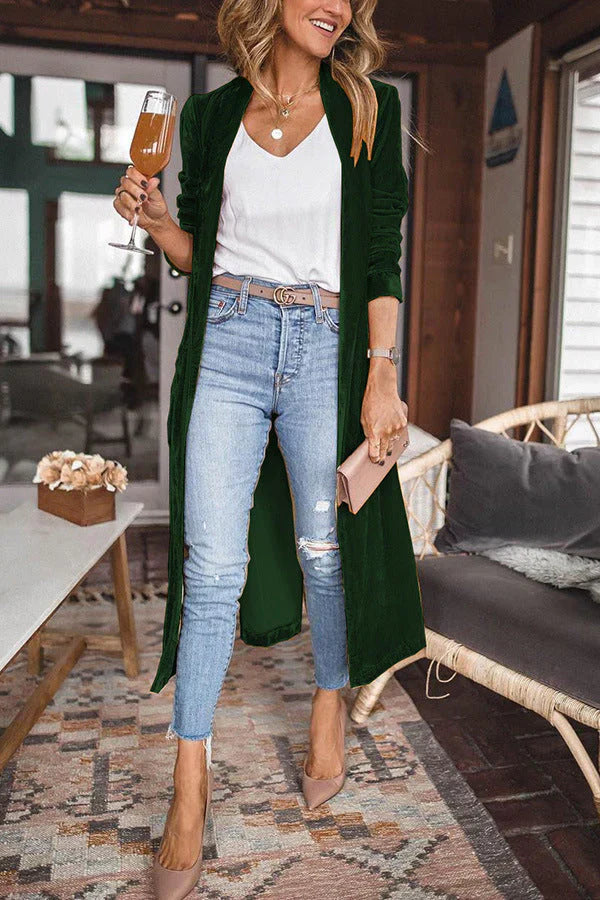 Zwarte Fluwelen Cardigan Lange Warm Elegante Look