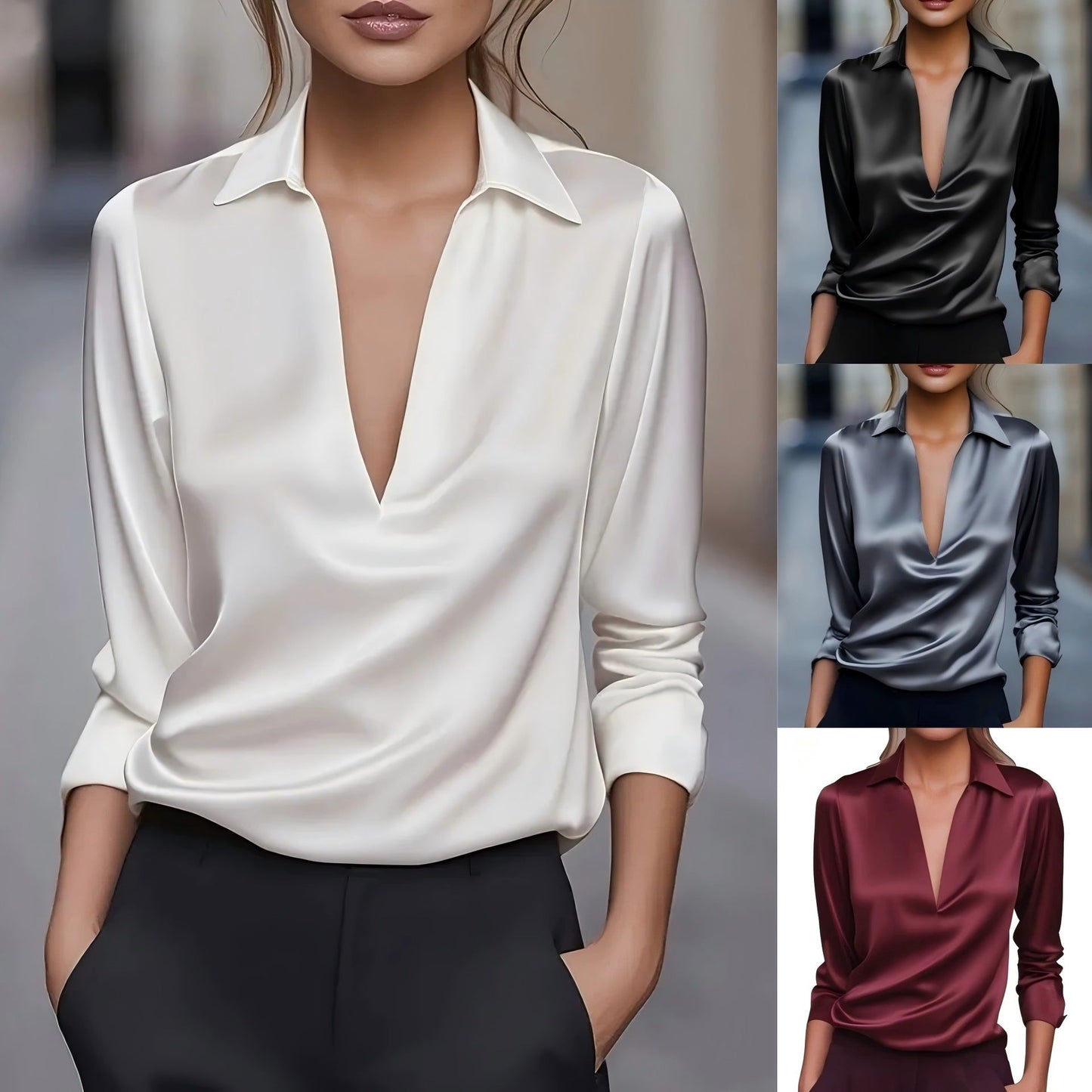 Dames Blouse Satijn Look V-hals Havanna Stijlvol