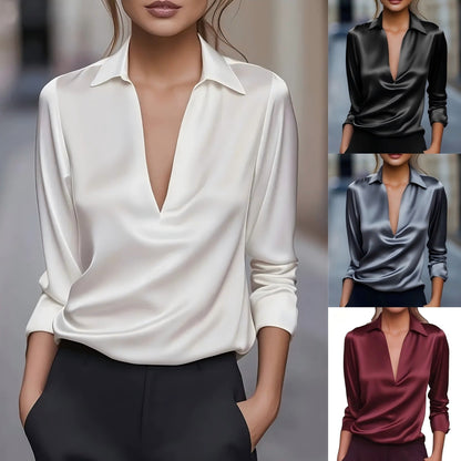 Dames Blouse Satijn Look V-hals Havanna Stijlvol