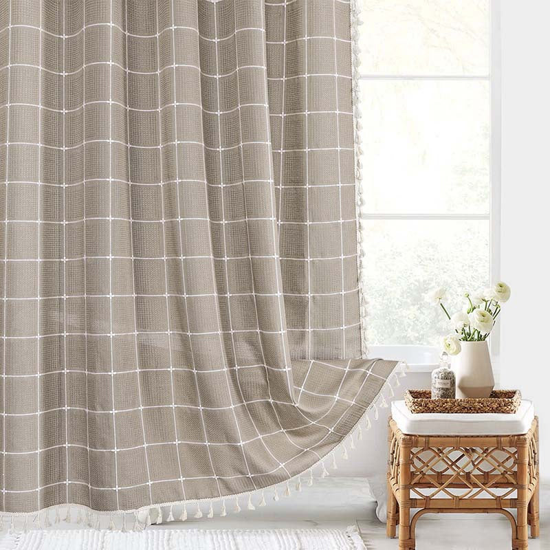 Douchegordijn Linnen Bohemian Waterproof Kwastjes 180x200cm Badkamer Beige Geruit