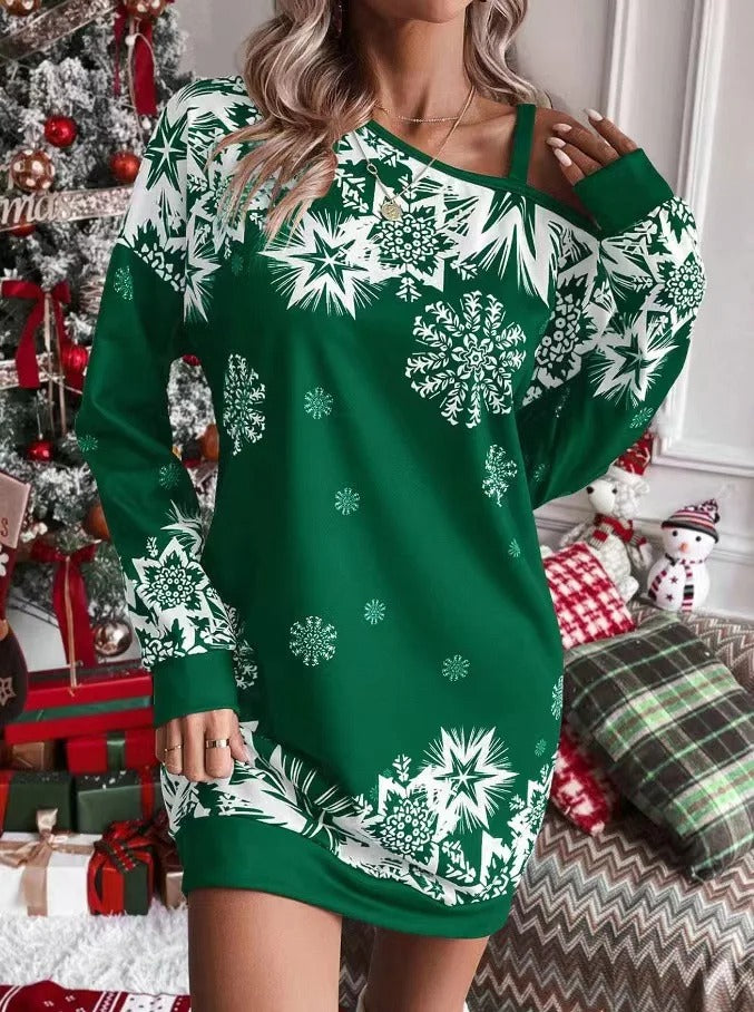 Kerstjurk Sneeuwvlokken Print Rood Groen Feestelijke Jurk