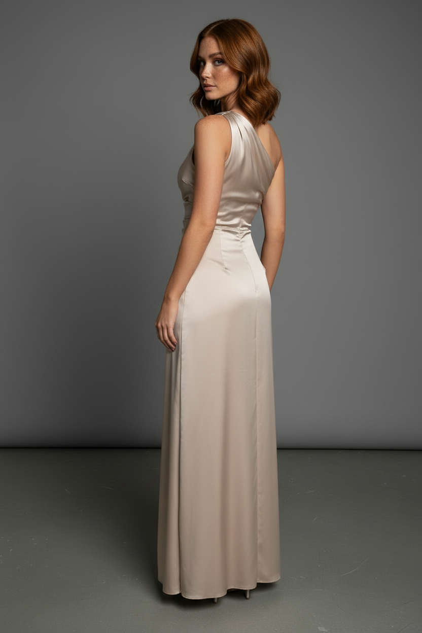 Champagne Beige One-Shoulder Maxi Jurk - Andere Hoek