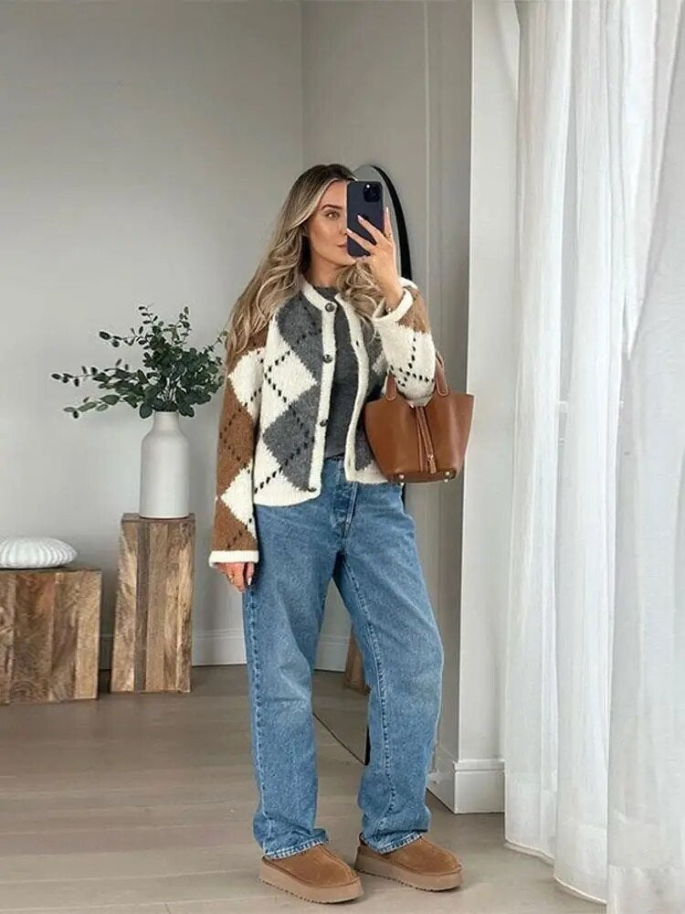 Gebreide Cardigan Geblokt Zacht en Comfortabel