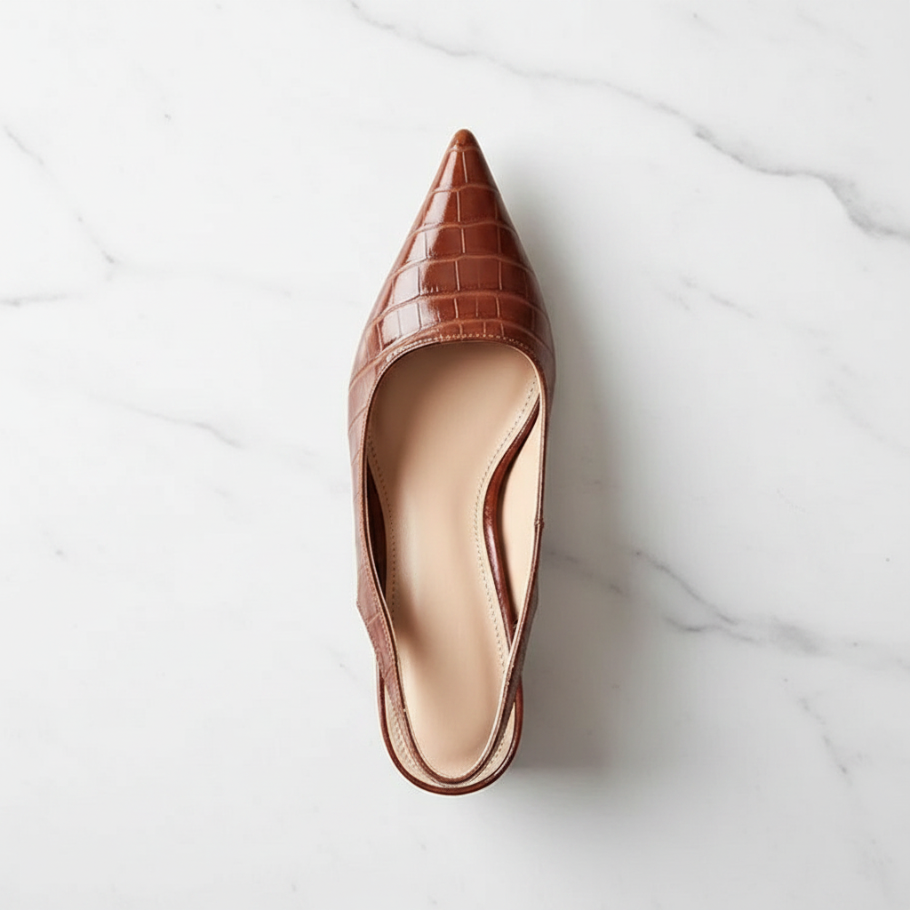 Cognac slingback pump flat lay
