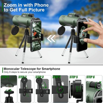 Compacte Monoculaire Verrekijker met HD-lens en Smartphone-adapter voor Wandelen, Vogels Spotten en Sportevenementen