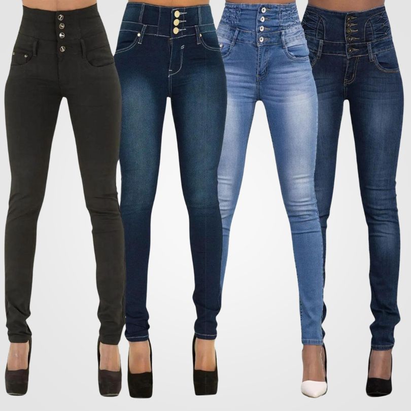 Hoge Taille Jeans Dames Slim Fit Donkerblauw Denim - StudioMarella