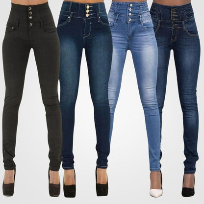 Hoge Taille Jeans Dames Slim Fit Donkerblauw Denim - StudioMarella