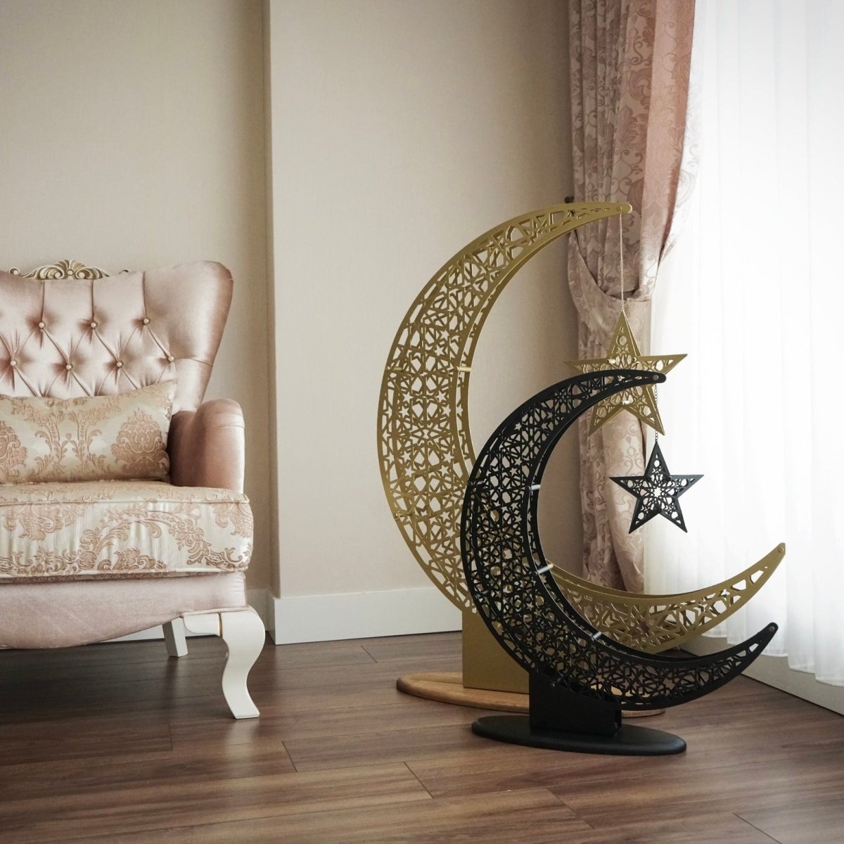 Islamitische Maan & Ster Wanddecoratie — Metalen Ramadan Ornament in Goud of Zwart