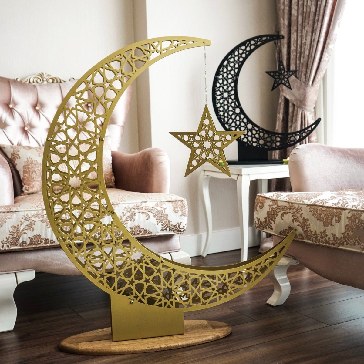 Islamitische Maan & Ster Wanddecoratie — Metalen Ramadan Ornament in Goud of Zwart