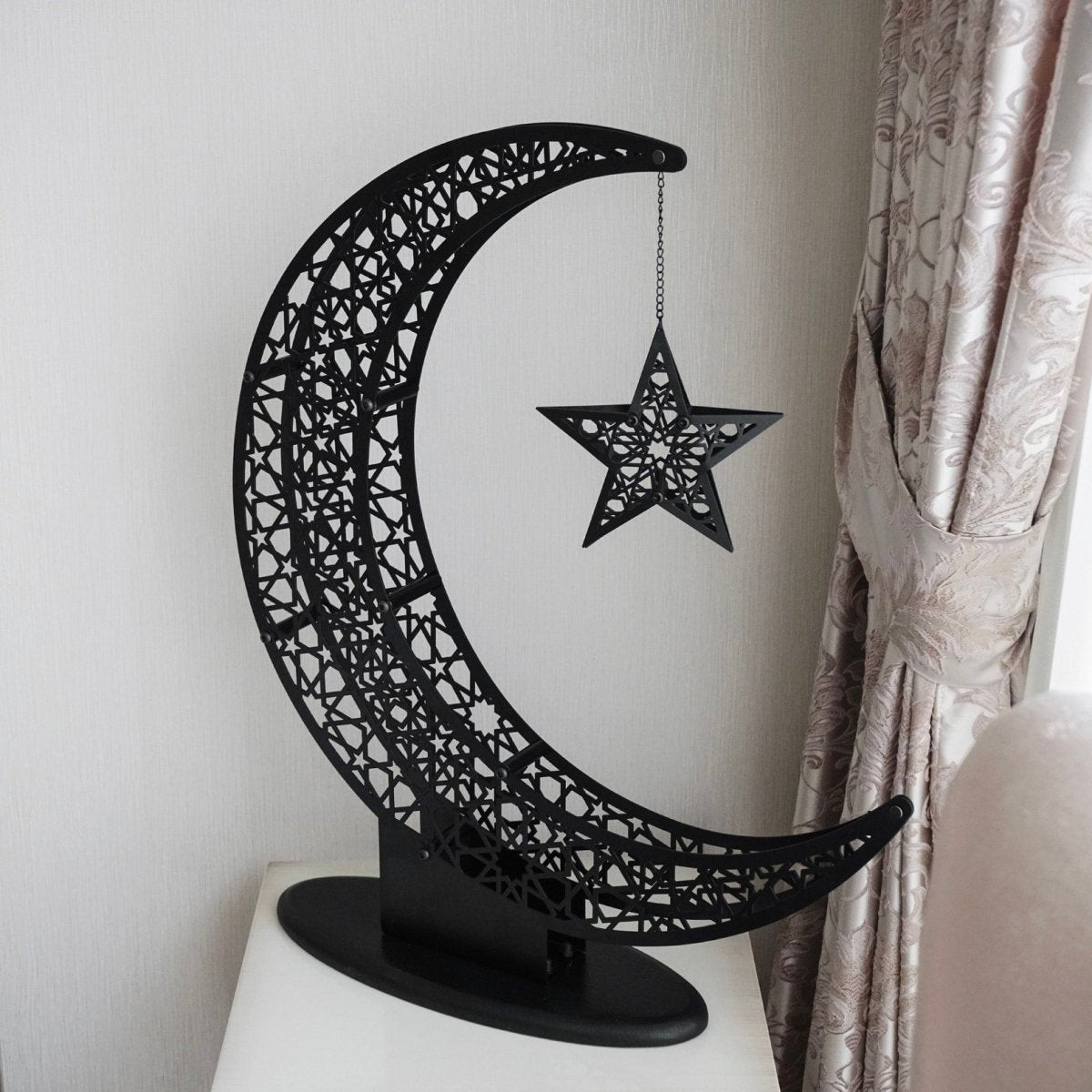 Islamitische Maan & Ster Wanddecoratie — Metalen Ramadan Ornament in Goud of Zwart