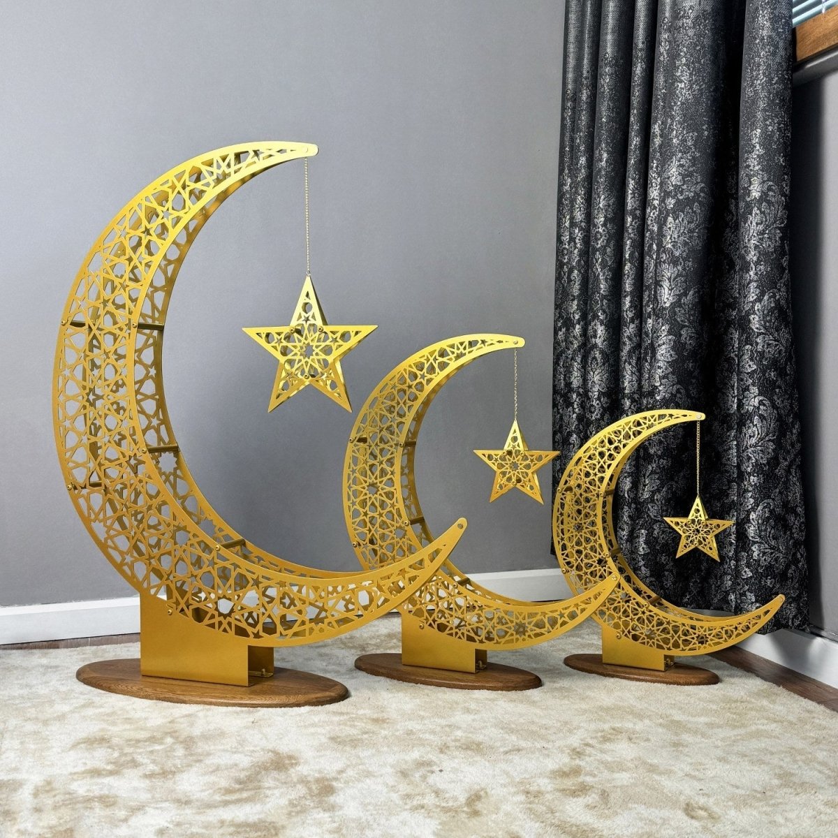 Islamitische Maan & Ster Wanddecoratie — Metalen Ramadan Ornament in Goud of Zwart