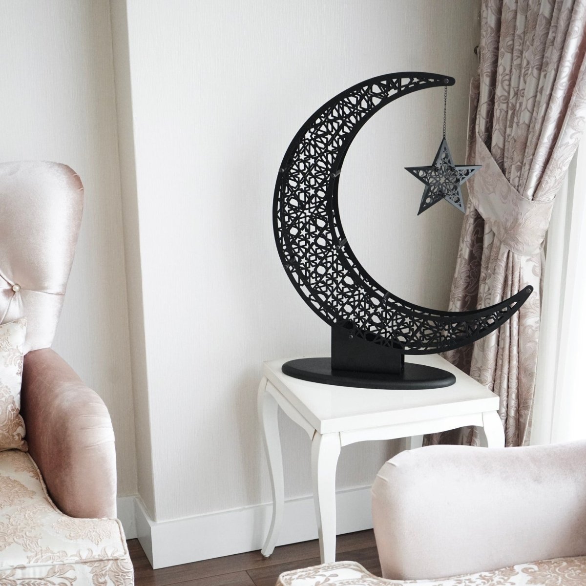 Islamitische Maan & Ster Wanddecoratie — Metalen Ramadan Ornament in Goud of Zwart