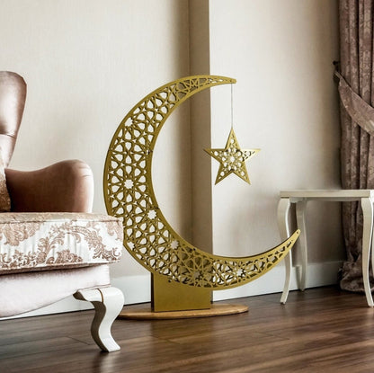 Islamitische Maan & Ster Wanddecoratie — Metalen Ramadan Ornament in Goud of Zwart