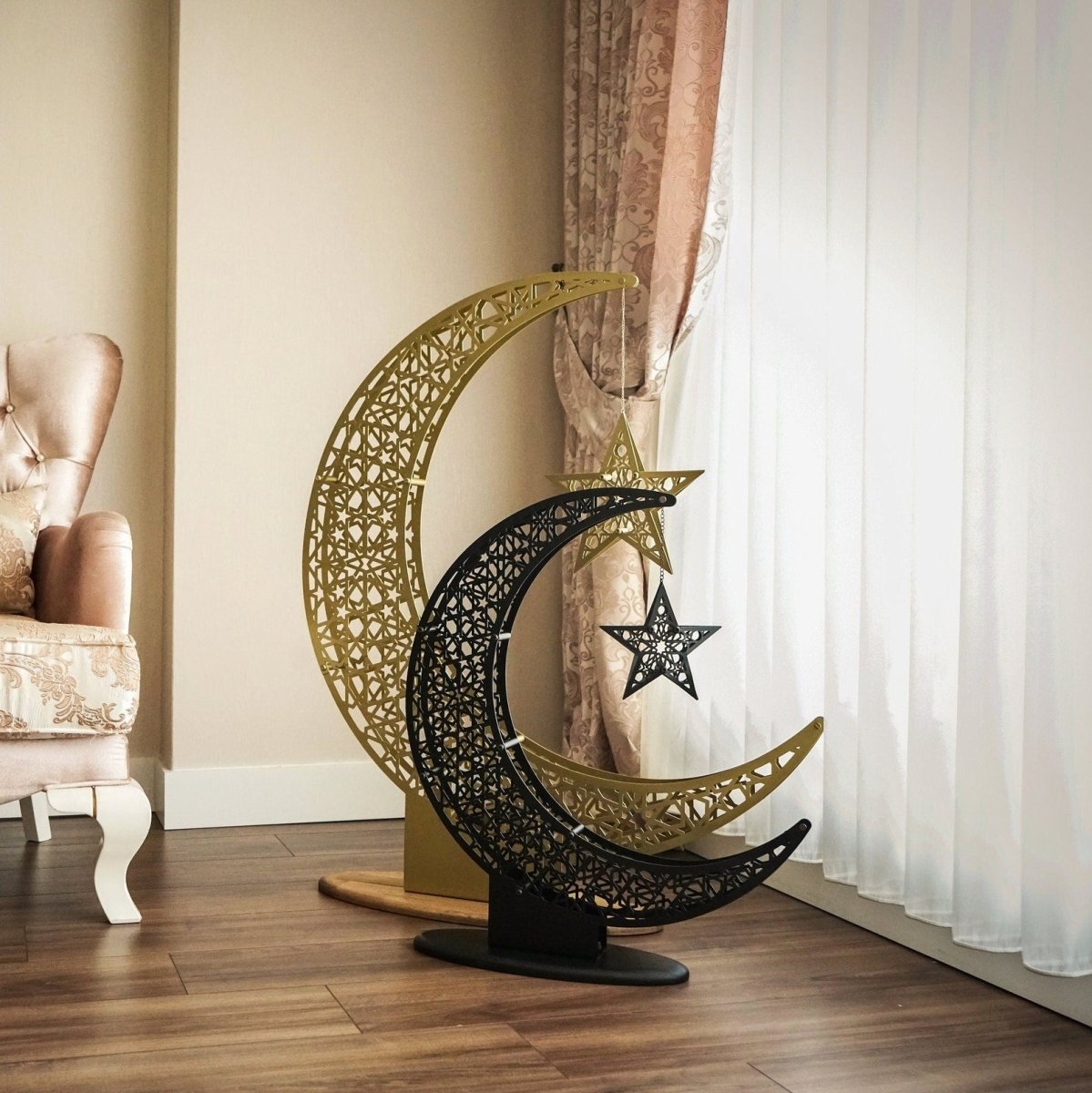 Islamitische Maan & Ster Wanddecoratie — Metalen Ramadan Ornament in Goud of Zwart
