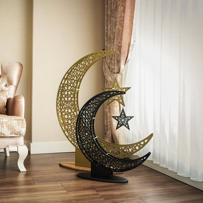 Islamitische Maan & Ster Wanddecoratie — Metalen Ramadan Ornament in Goud of Zwart