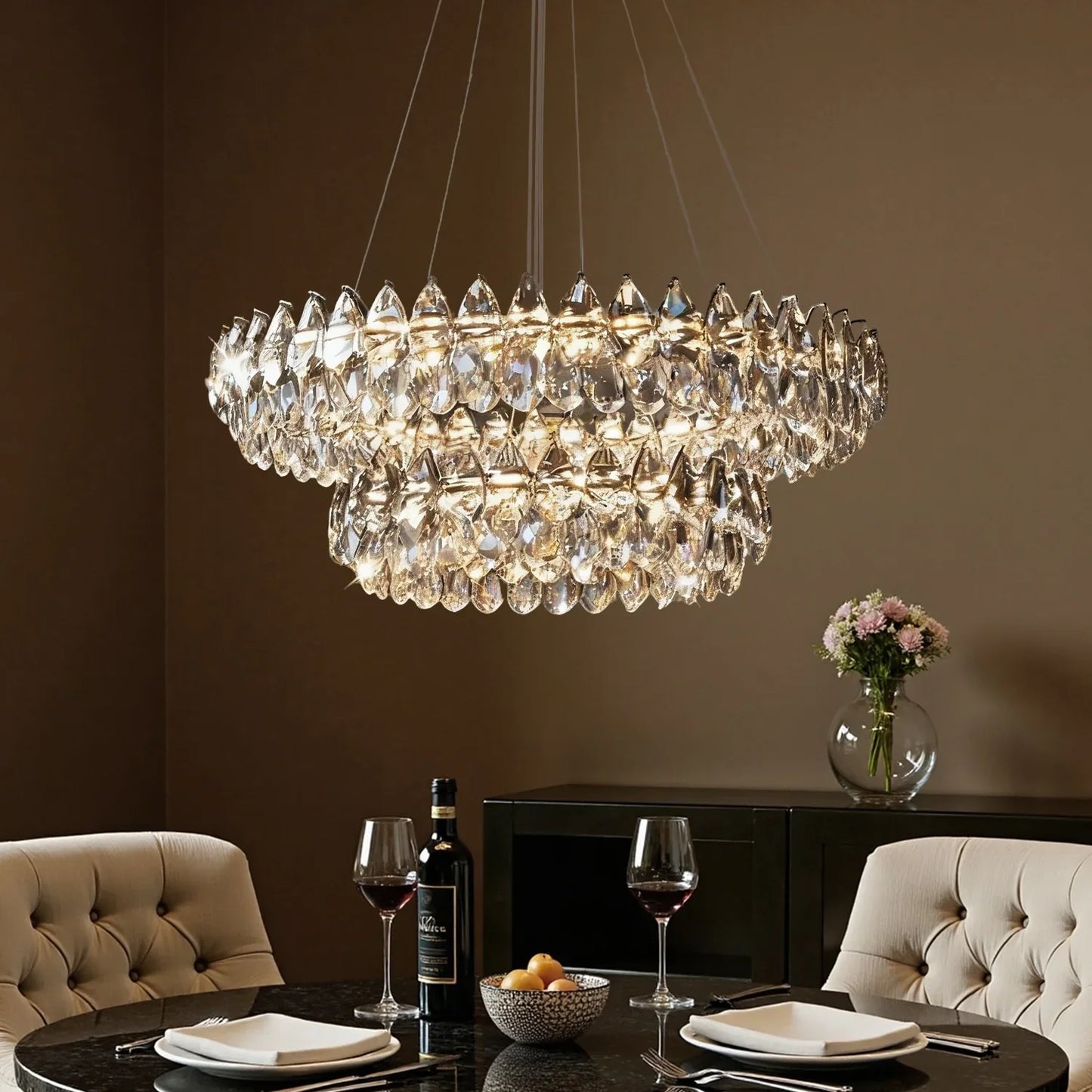 Kristallen Kroonluchter Dubbele Ring Waterdruppel LED Chroom Modern Woonkamer Eetkamer Luxe