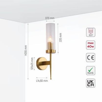 Wandlamp Geribbeld Glas Vintage Art Deco E27 Goud Chroom Nikkel Zwart Dimbaar Cilinder