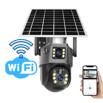 Draadloze 4K Beveiligingscamera met Zonnepaneel Dual-Lens 10x Zoom 360° Draaibaar WiFi 4G Nachtzicht Bewegingsdetectie Waterdicht IP66 Buiten Security Camera Tuinbeveiliging