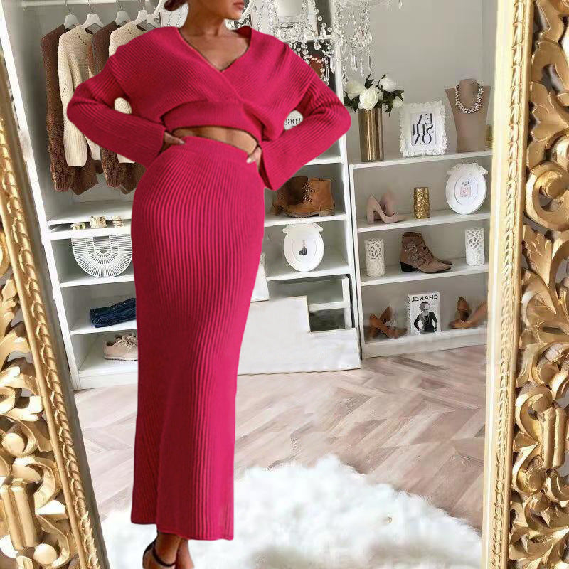 Dames Gebreide Set Maxi Rok en Trui met V-Hals