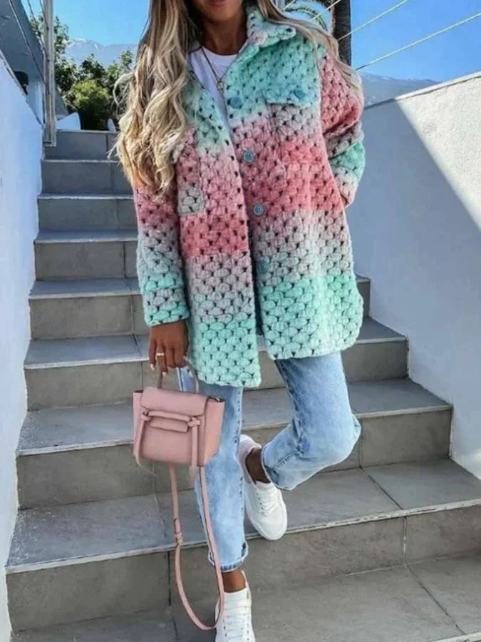 Wollen Jas Vrouw Kleurrijk Warme Wintercoat