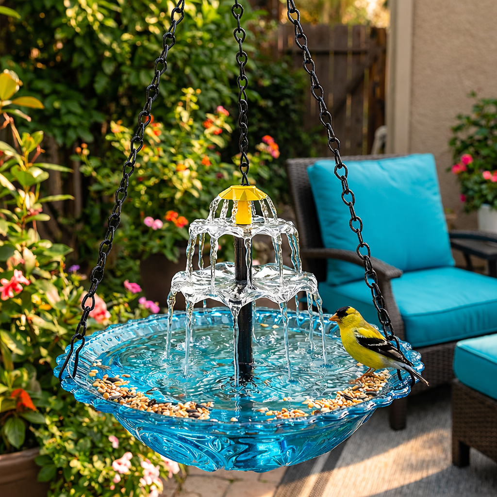 Hangende Zonnevogeldrinkbak Glas Fontein 2-Traps 25,5cm Tuin Terras Balkon Zonne-energie Kabellos Vogelbad Waterval Blauw Roze Zwart