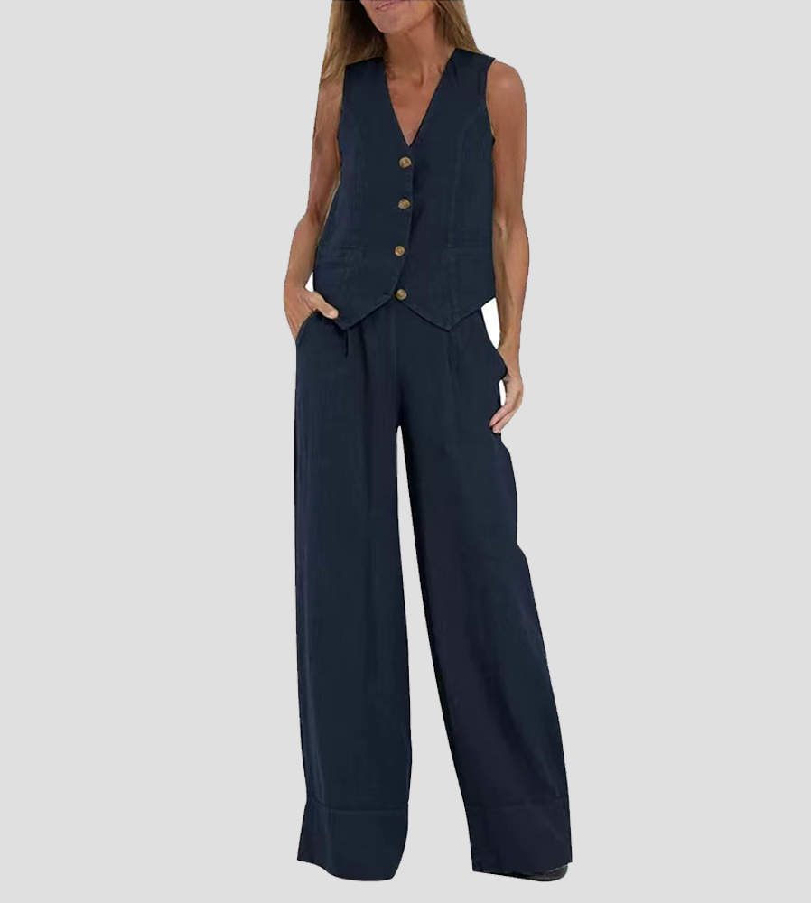 Linnen Set Dame Mouwloos V-Hals Gilet en Wijde Broek