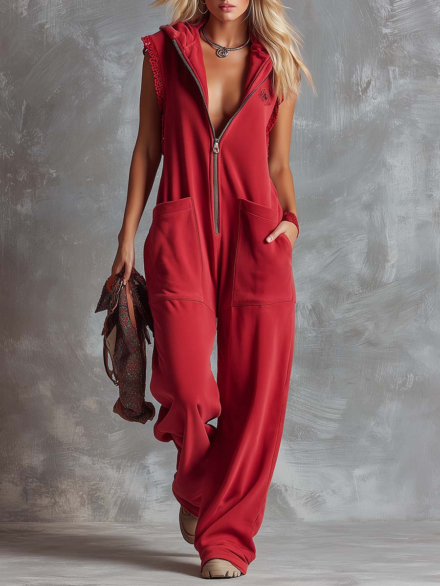 Dames Jumpsuit Sportief Katoen Framboosrood met Capuchon - StudioMarella