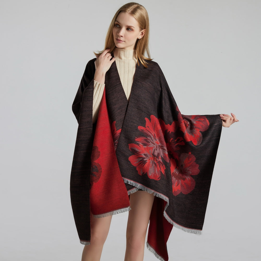 Dames Sjaal Bloemenprint Cape Stijl Levi's Blazer Look
