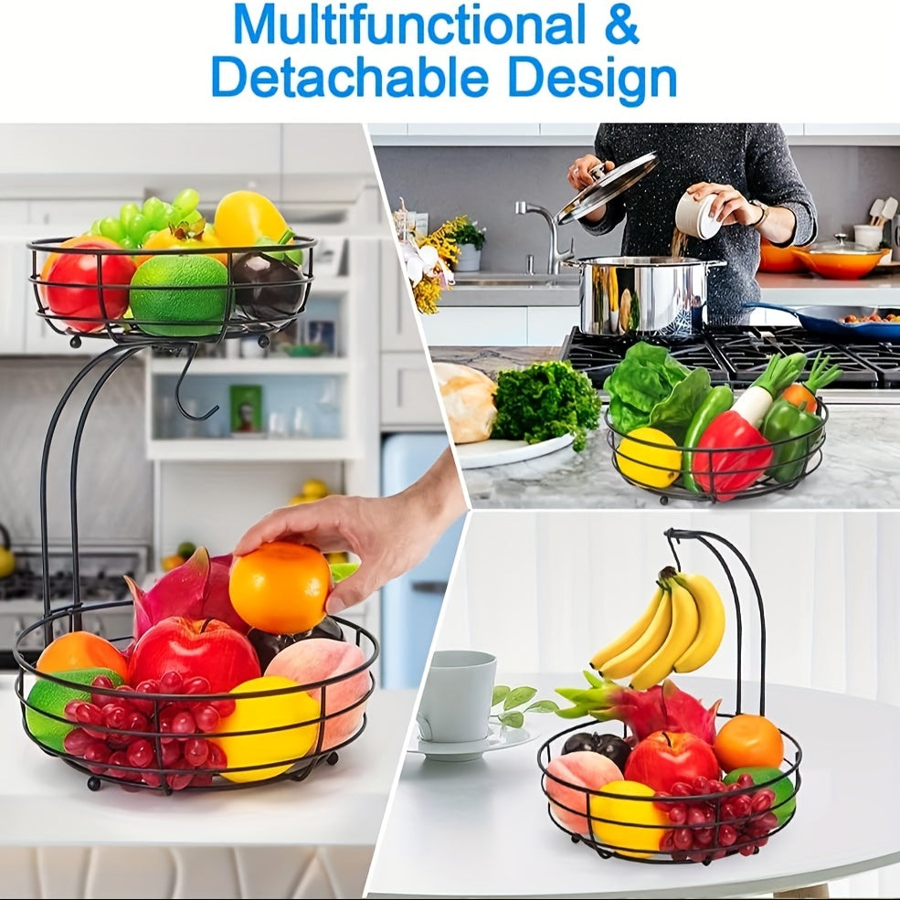 2-laags fruitmand met bananenhouder van metaal voor keuken, aanrecht en opbergen