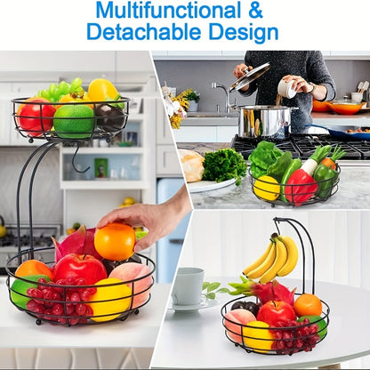 2-laags fruitmand met bananenhouder van metaal voor keuken, aanrecht en opbergen