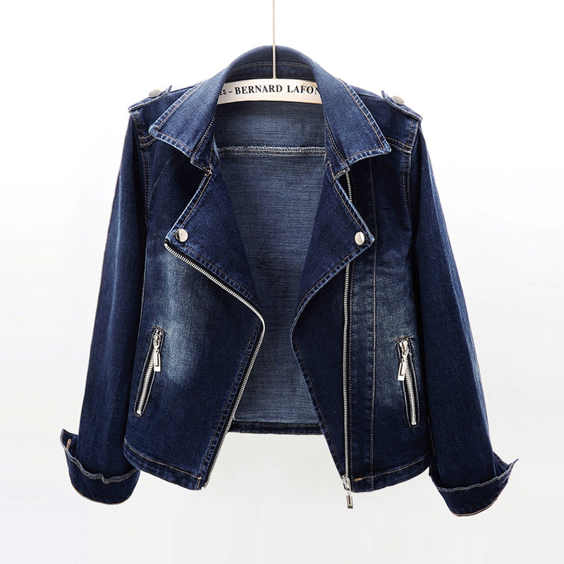 Dames Bikerjas Donkerblauw Denim Slimfit Model