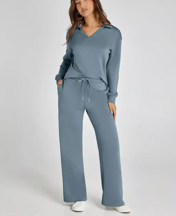 Dames 2-Delige Set met V-Hals Sweatshirt en Wijde Joggingbroek - StudioMarella