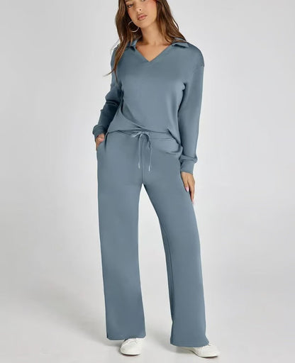 Dames Sweatset met V-Hals Trui en Wijde Broek Comfortabel Warm - StudioMarella