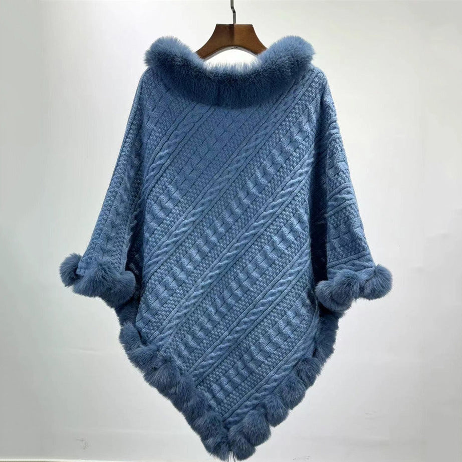 Dames Sjaal Cape met Kunstbont Kraag Gebreid Warm