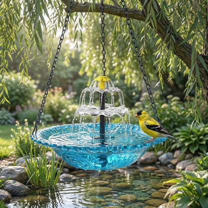 Hangende Zonnevogeldrinkbak Glas Fontein 2-Traps 25,5cm Tuin Terras Balkon Zonne-energie Kabellos Vogelbad Waterval Blauw Roze Zwart