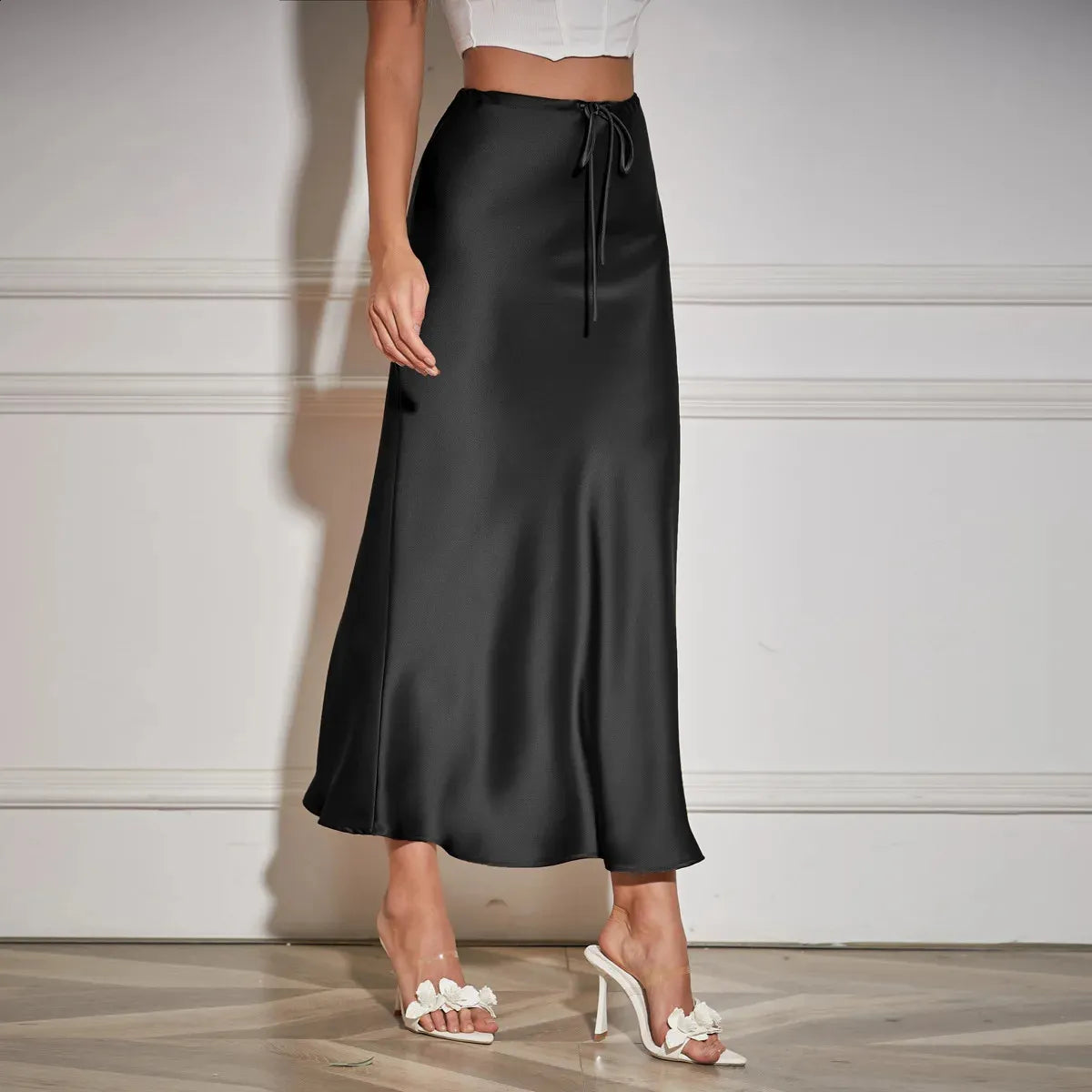 Satijnen Rok met Hoge Taille en Vetersluiting